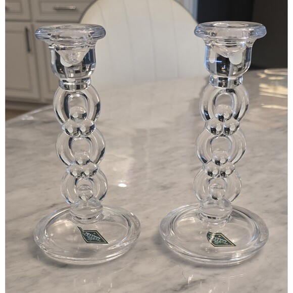 Shannon Crystal by Godinger Blossoms Candle Sticks 7" Tall Set of 2 Holders - Picture 1 of 5